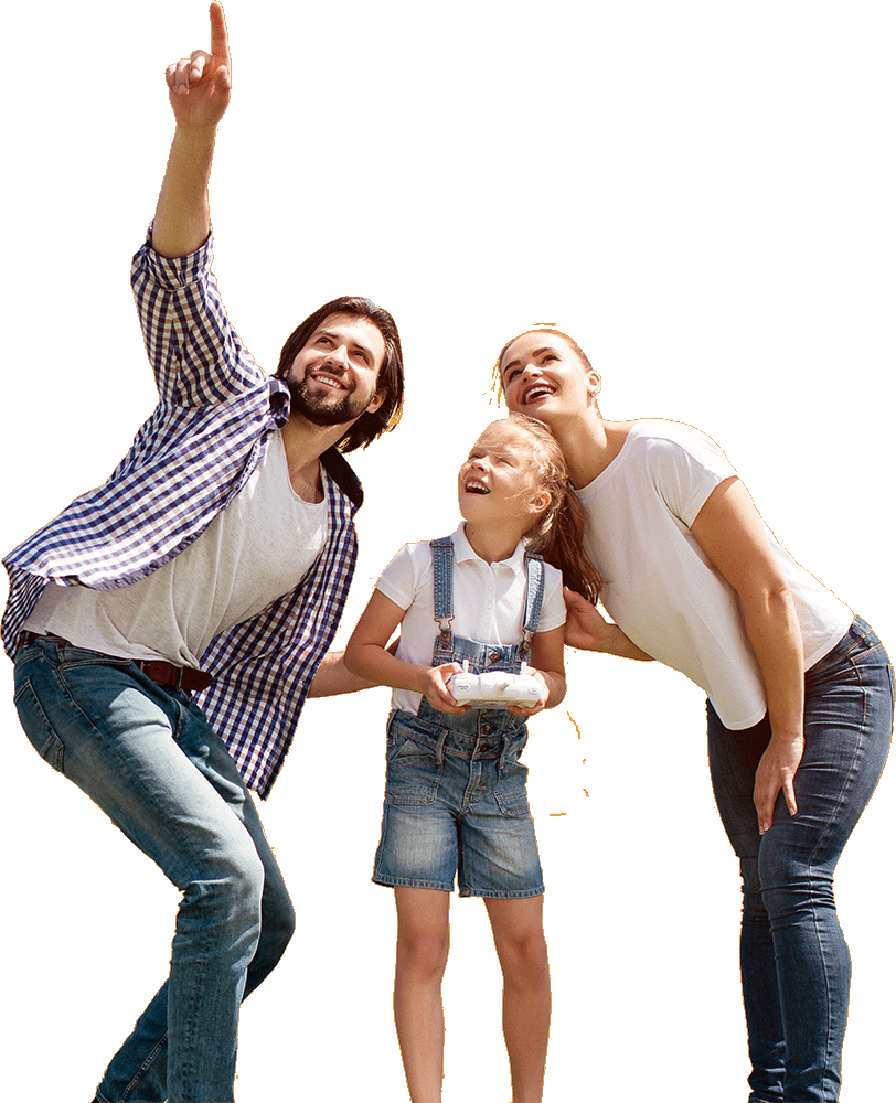 family pointing at airships